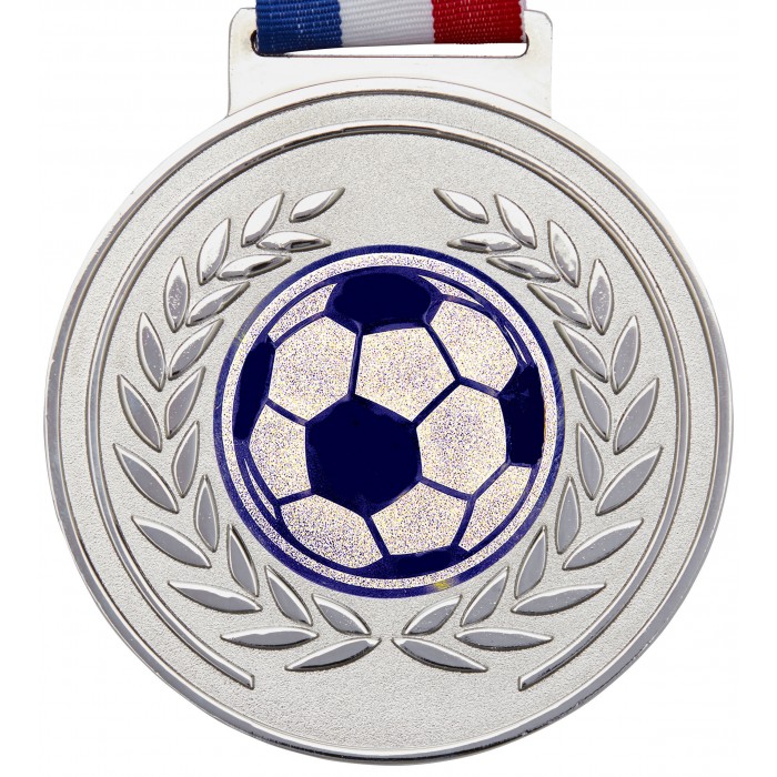 100MM X 6MM THICK OLYMPIC FOOTBALL MEDAL & RIBBON - SILVER